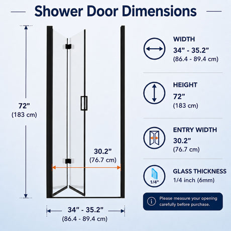 Semi Frameless Bifold Shower Door, Reversible Pivot Hinge, Space Saving Bathroom Panel - Matte Black