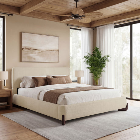 King Upholstered Bed With Slats Support - Beige