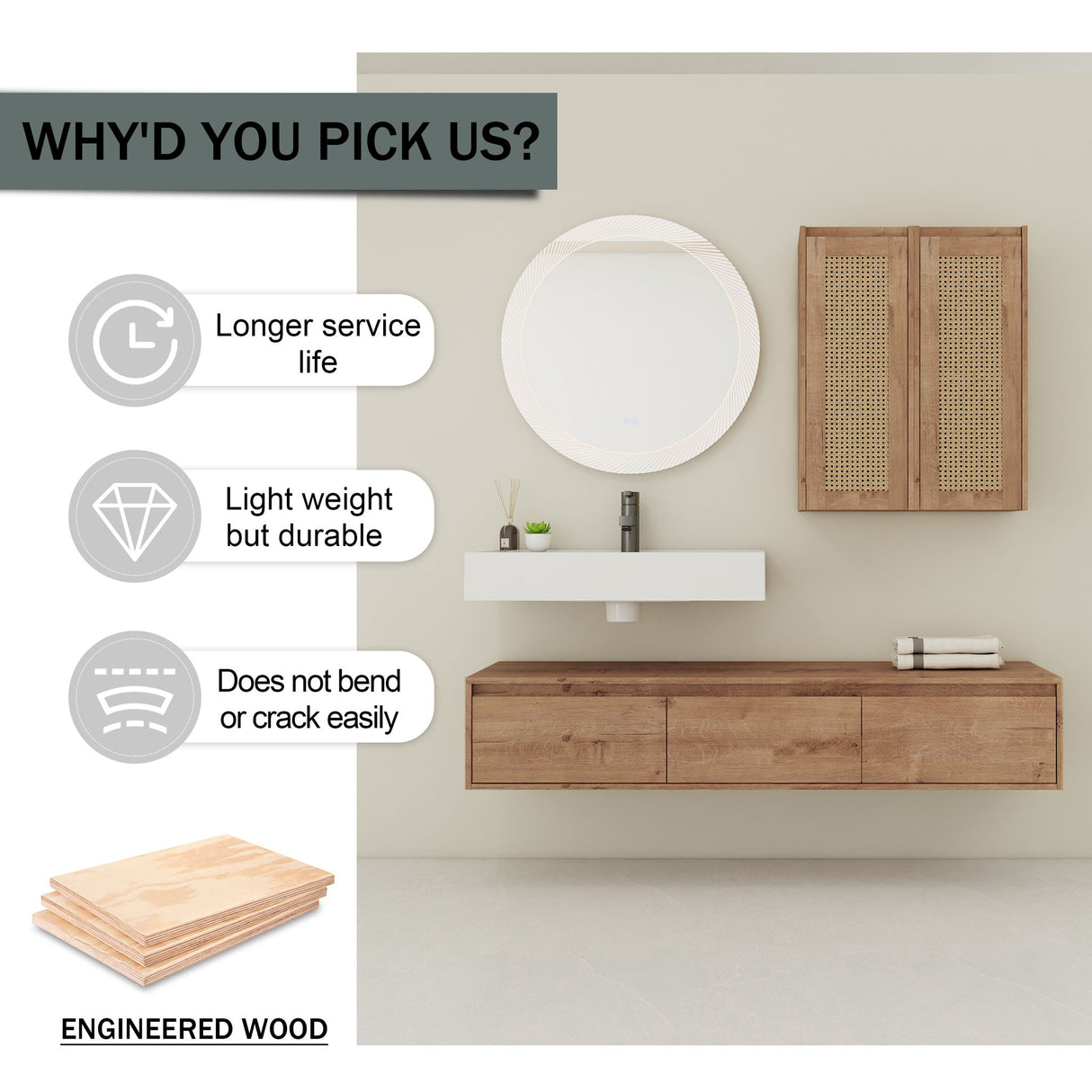 Modern Wall Mounted Bathroom Vanity With Resin Sink And 2 Side Cabinet, Construction - Imitative Oak