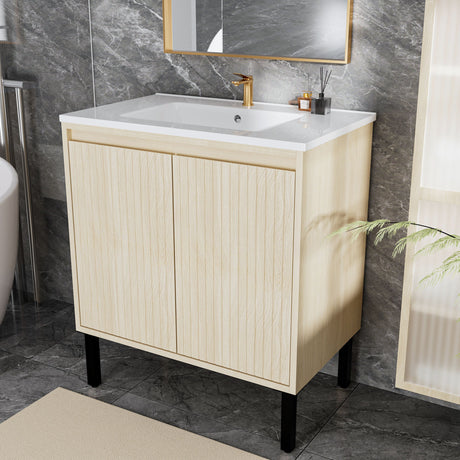 Bathroom Vanity With Ceramic Sink, Floor-Standing Design, Soft-Closing Drawers