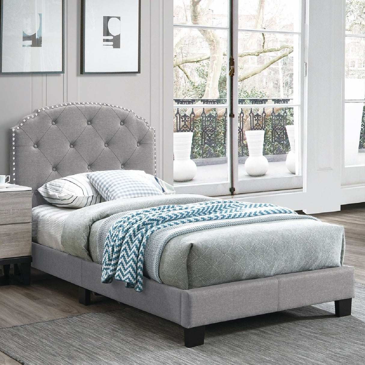 Button Tufted Bed With Nailhead Trim