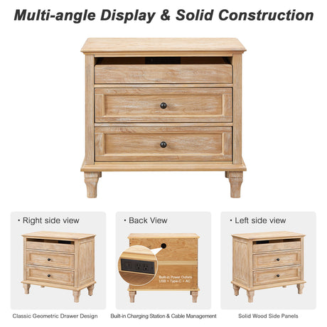 Nightstand With Charging Station, 3 Drawer Storage Table