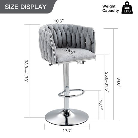 360 Degree Swivel Bar Stools Adjustable Counter Height Bar Chairs With Woven Back & Footrest, Silver Chromed Bar Stools For Kitchen Island (Set of 2) - Gray