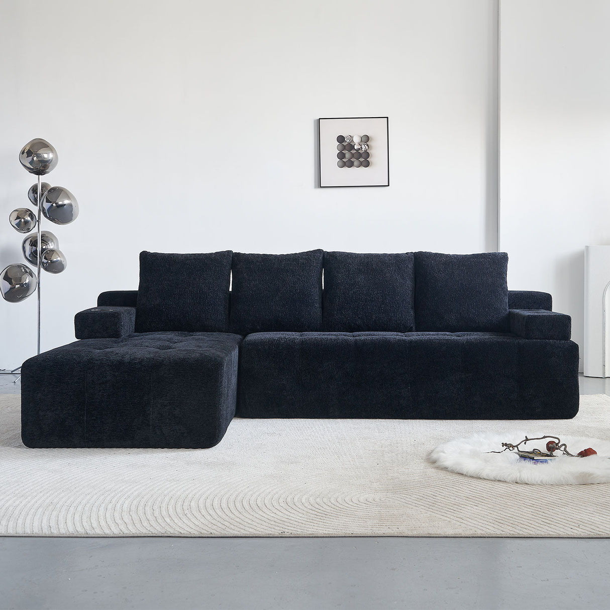 L - Shaped Sectional Sofa With Side Pockets, Wireless Charging, USB Ports, Cup Holder, Bluetooth Speaker, Reversible Lounge Chaise - Black
