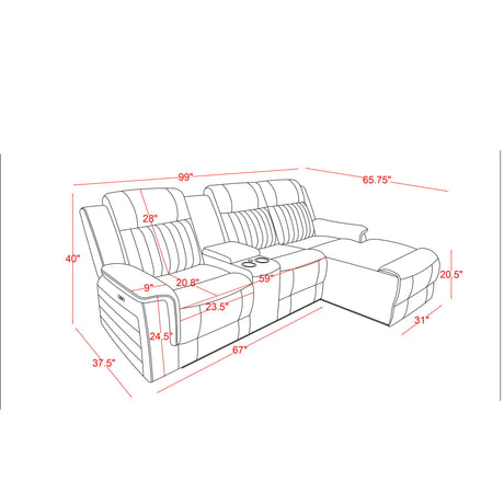 Ian - Power Reclining Chaise With LED Lighting, Pushback Design - Gray