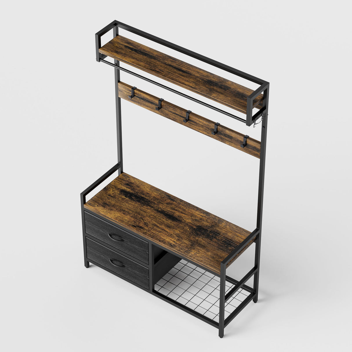 Hall Tree With 2 Movable Drawers, Shoe Storage, Shelves, Garment Racks, And 23 Hooks For Entryway - Rustic Brown