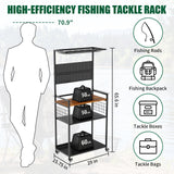 Fishing Rod Storage Rack With Pegboard, Rolling Tackle Organizer Cart - Black