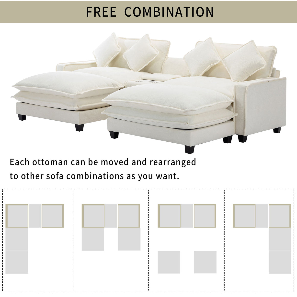 Sectional Sofa Upholstered Sofa With Two Removable Ottoman, Two USB Ports, Two Cup Holders And Large Storage Box For Living Room