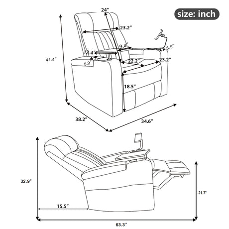 270° Power Swivel Recliner Home Theater Chair With Hidden Arm Storage, LED Light, Cup Holder, And Tray Table