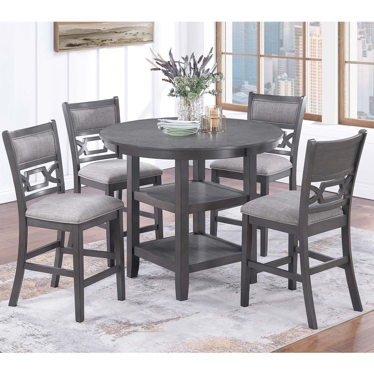5 Piece Counter Height Dining Set With Storage Shelves Round Table And Upholstered High Chairs - Gray