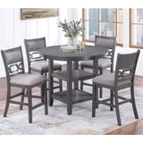 5 Piece Counter Height Dining Set With Storage Shelves Round Table And Upholstered High Chairs - Gray
