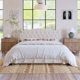 King Upholstered Platform Bed With Curved Adjustable Headboard And Diamond Tufted Details, No Box Spring Needed - Beige