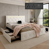 Upholstered Bed Frame With LED Lights, 4 Storage Drawers, Charging Station