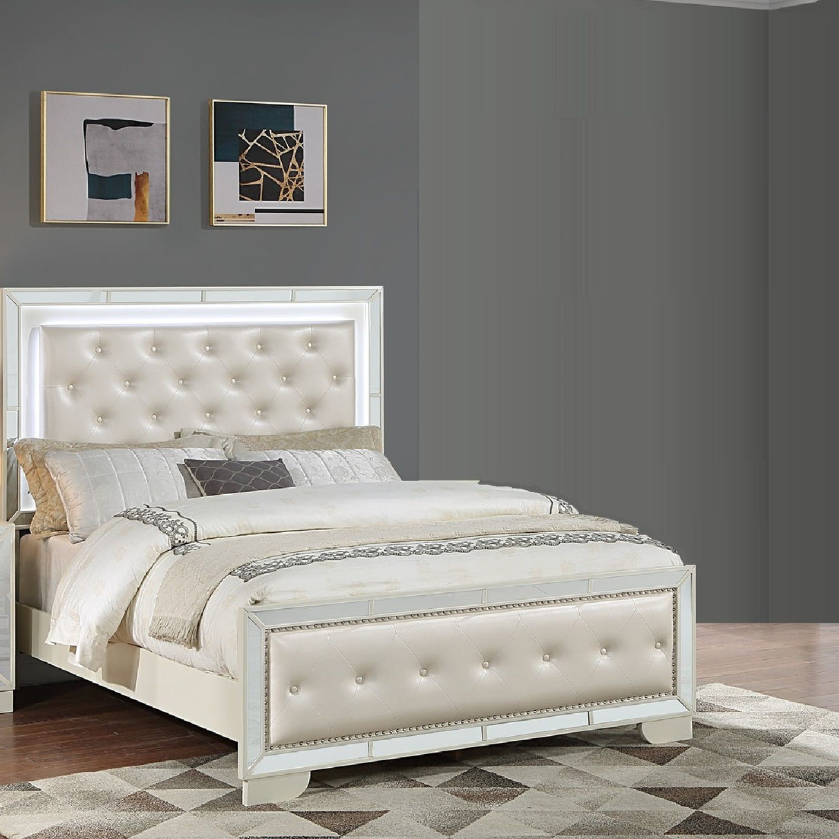 Eastern King Size Bed With LED Lights And Mirror Trim - Cream / Ivory