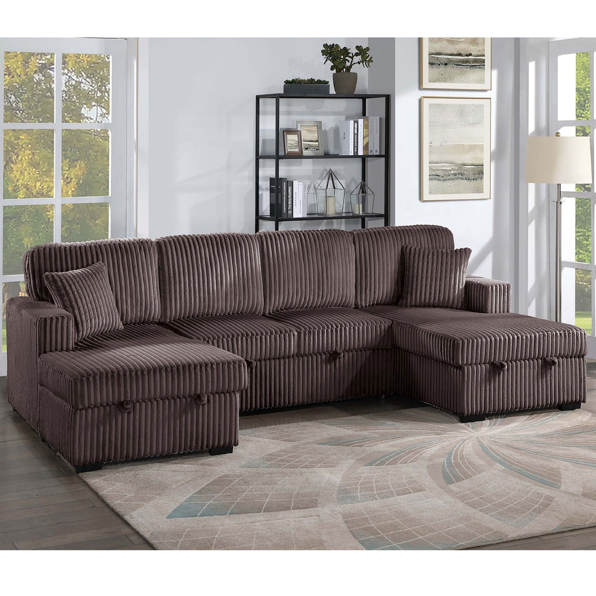 Convertible Sectional, Storage Chaises, Pull Out Middle Section - Chocolate