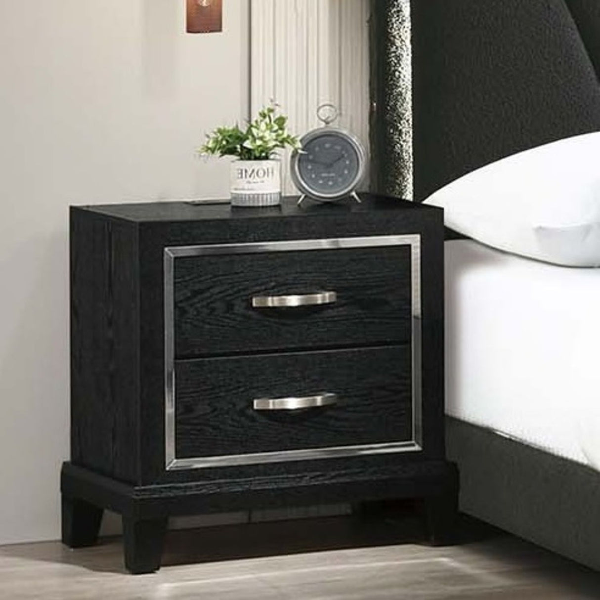 Nightstand With USB Port, Tapered Legs - Black