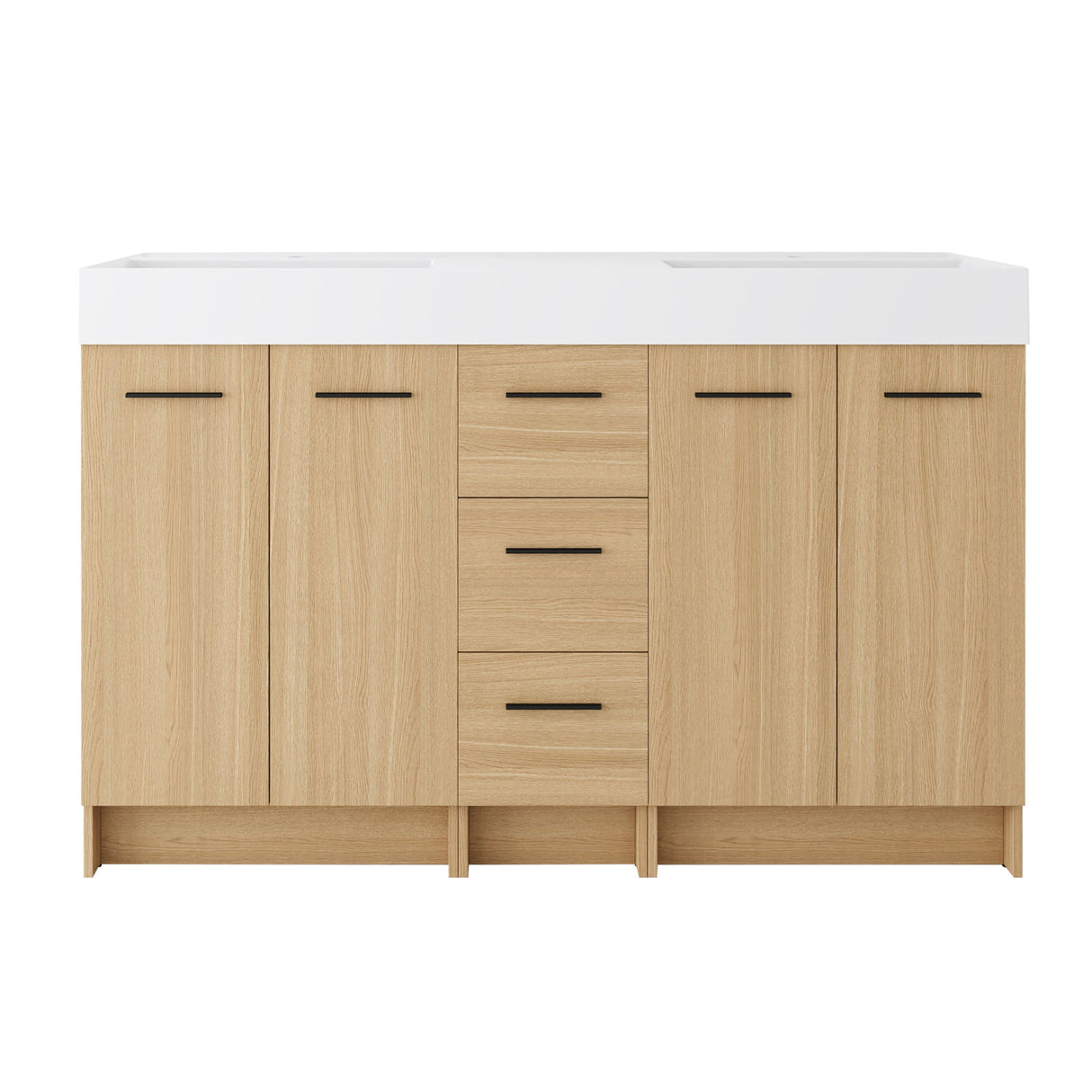 Double Sink Bathroom Vanity With 3 Drawers, Large Storage, Integrated Sink, Freestanding Cabinet, Soft Close Hardware - Glossy White / Light Oak