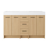Double Sink Bathroom Vanity With 3 Drawers, Large Storage, Integrated Sink, Freestanding Cabinet, Soft Close Hardware - Glossy White / Light Oak