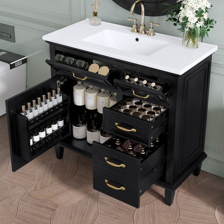 Modern Bathroom Vanity With Sink Top, Flip Drawers, Adjustable Shelf
