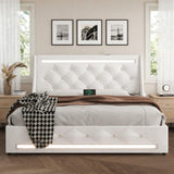 Wingback Upholstered Bed Frame With LED Lights, Charging Station