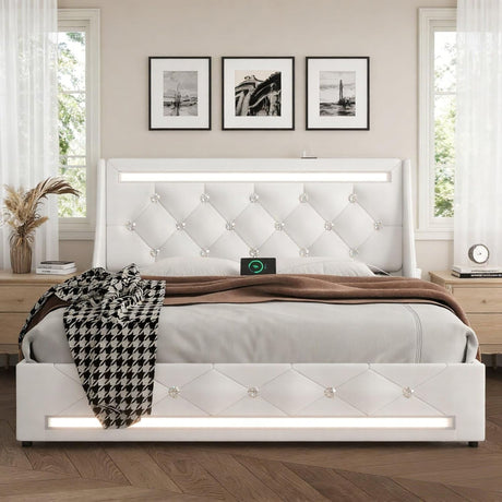 Wingback Upholstered Bed Frame With LED Lights, Charging Station