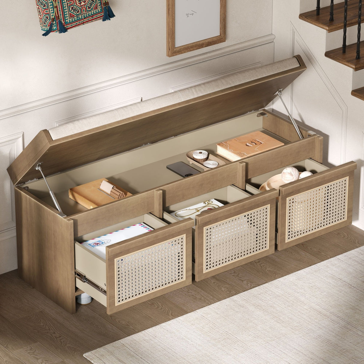 Entryway Shoe Bench With Drawers & Button Tufted Cushion