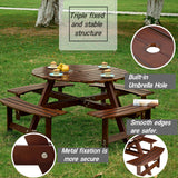 8 Person Round Picnic Table With 4 Built In Benches, Umbrella Hole For Garden - Brown
