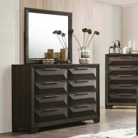 Dresser With Mirror Beveled Bracket Feet Handles 8 Drawers - Espresso