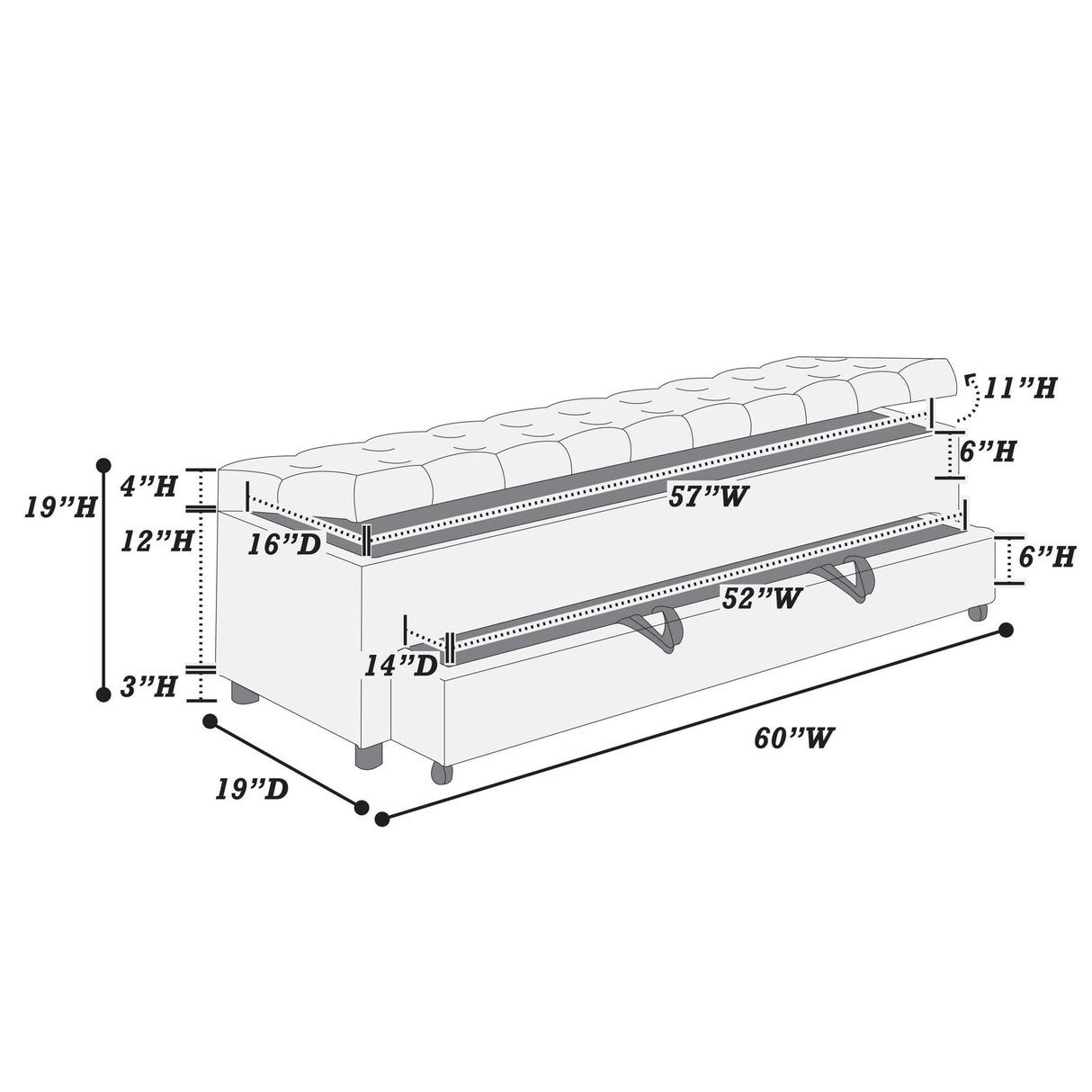 Storage Ottoman With Tufted Seat And Underseat Drawer