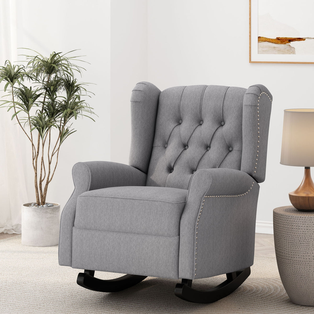 Sheila - Contemporary Fabric Tufted Wingback Rocking Chair - Gray
