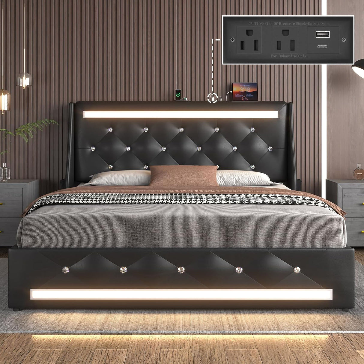 Wingback Upholstered Bed Frame With LED Lights, Charging Station