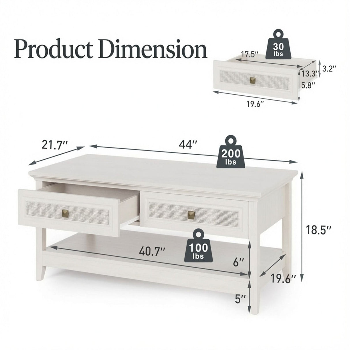 Coffee Table With Drawers & Storage Shelf - White