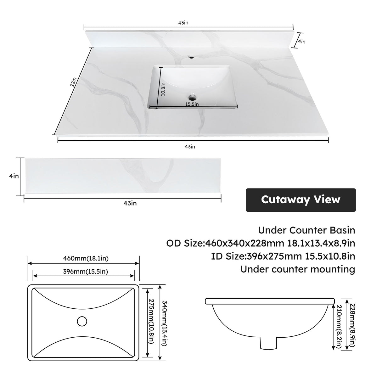 Bathroom Vanity Top With Undermount Single Bowl Sink