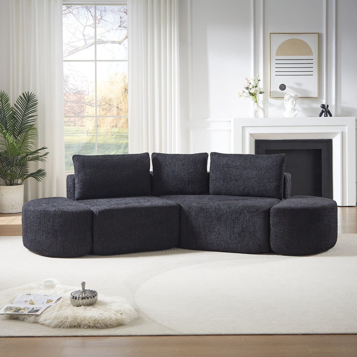 V - Shaped Modular Sofa Set & 3 Pillows And 2 Curved Ottomans For Living Rooms - Black