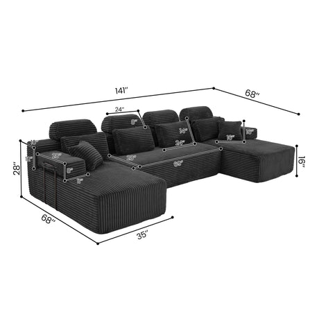 Sectional Sleeper Sofa & Storage Pockets, Modular Couch With Throw Pillows For Living Room