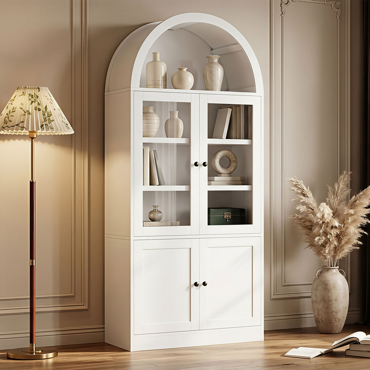 Tall Arched Top Storage Cabinet With 5 Tier Shelves, Soft Close Hinges