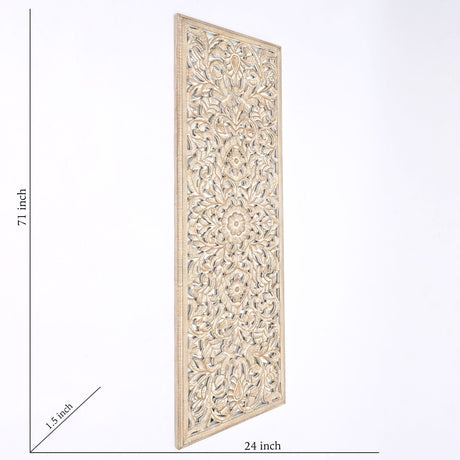 Floral Hand Carved Mandala Rectangle Wall Decor With Mirror - Antique Brown / White