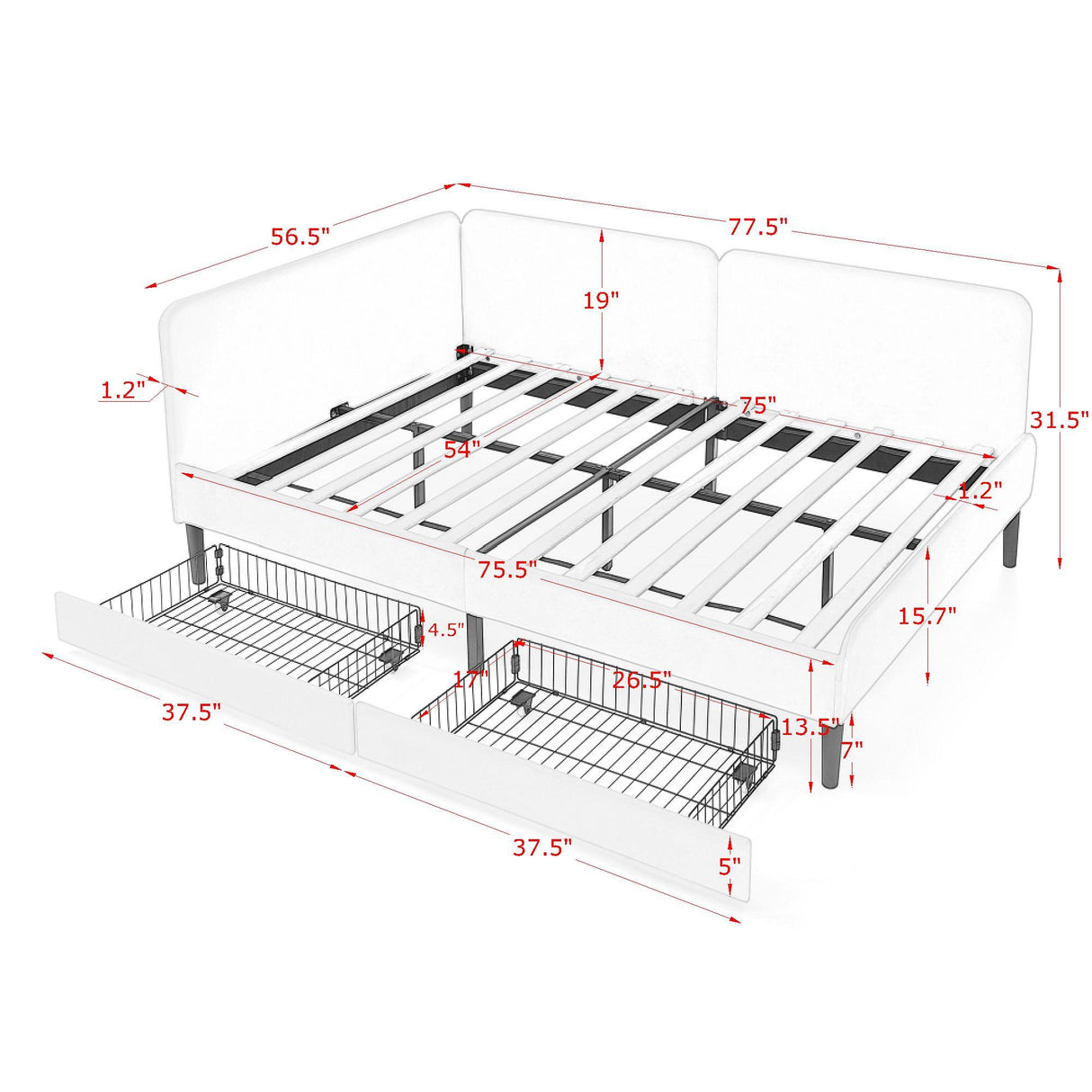 Upholstered Platform Bed Frame With 2 Storage Drawers And Adjustable Sofa Bed
