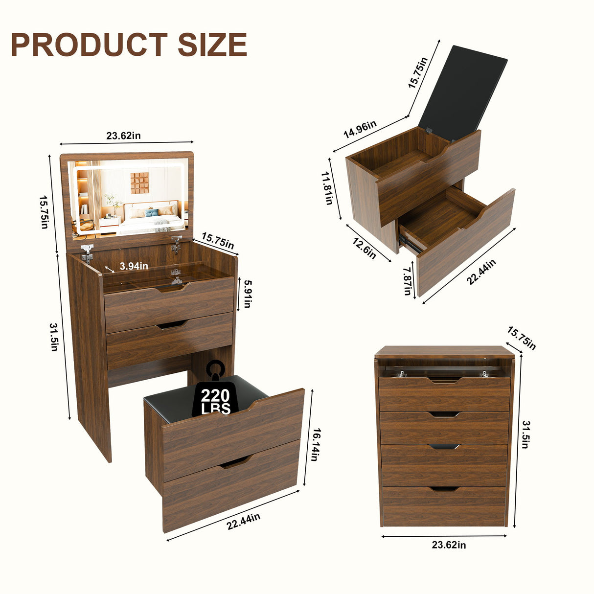 Vanity Desk With Lighted Mirror & Stool
