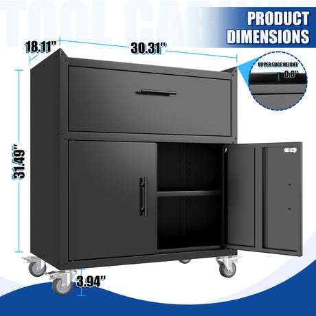Rolling Metal Tool Storage Cabinet, Lockable Garage Storage Cabinet, Locking Metal Storage Cabinet With Wheels, Rolling Tool Chest, Assembly Required - Black