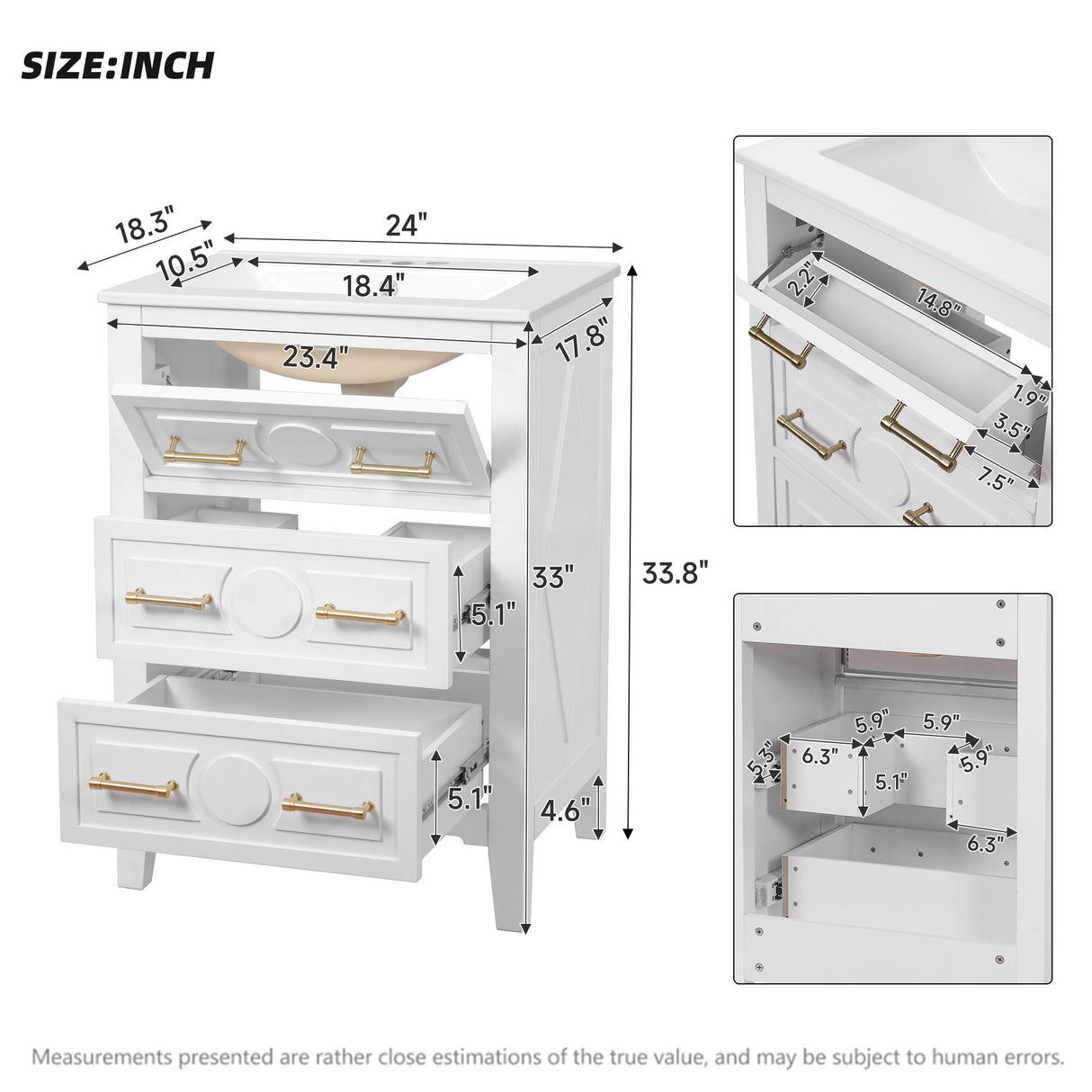 Bathroom Vanity With Sink, Free Standing Single Set, 3 Drawer Storage Cabinet