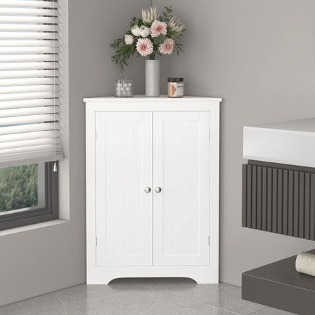 Corner Cabinet With 2 Doors And Adjustable Shelves, Freestanding Narrow Storage Organizer For Bathroom - White