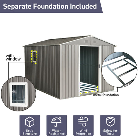 8Ft x 10Ft Outdoor Metal Storage Shed With Metal Floor Base, With Window - Gray
