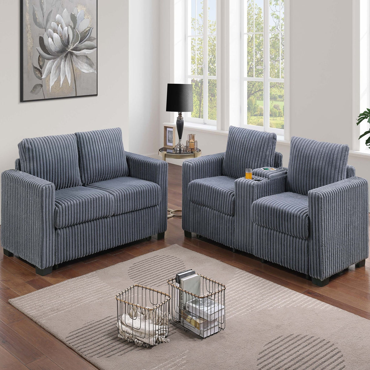 Modern Style 2 Piece Sofa Set With Cup Holders & Charging Port