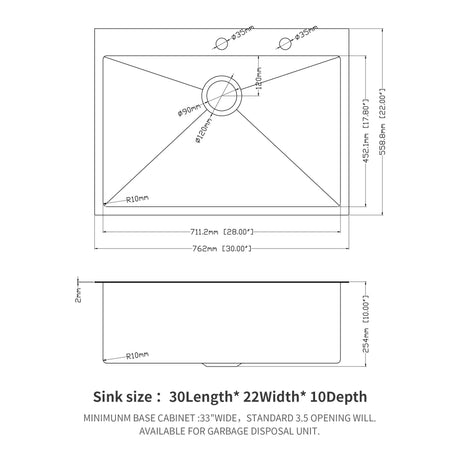 Drop In Kitchen Sink, 16 Gauge Stainless Steel, Single Bowl, Topmount Basin