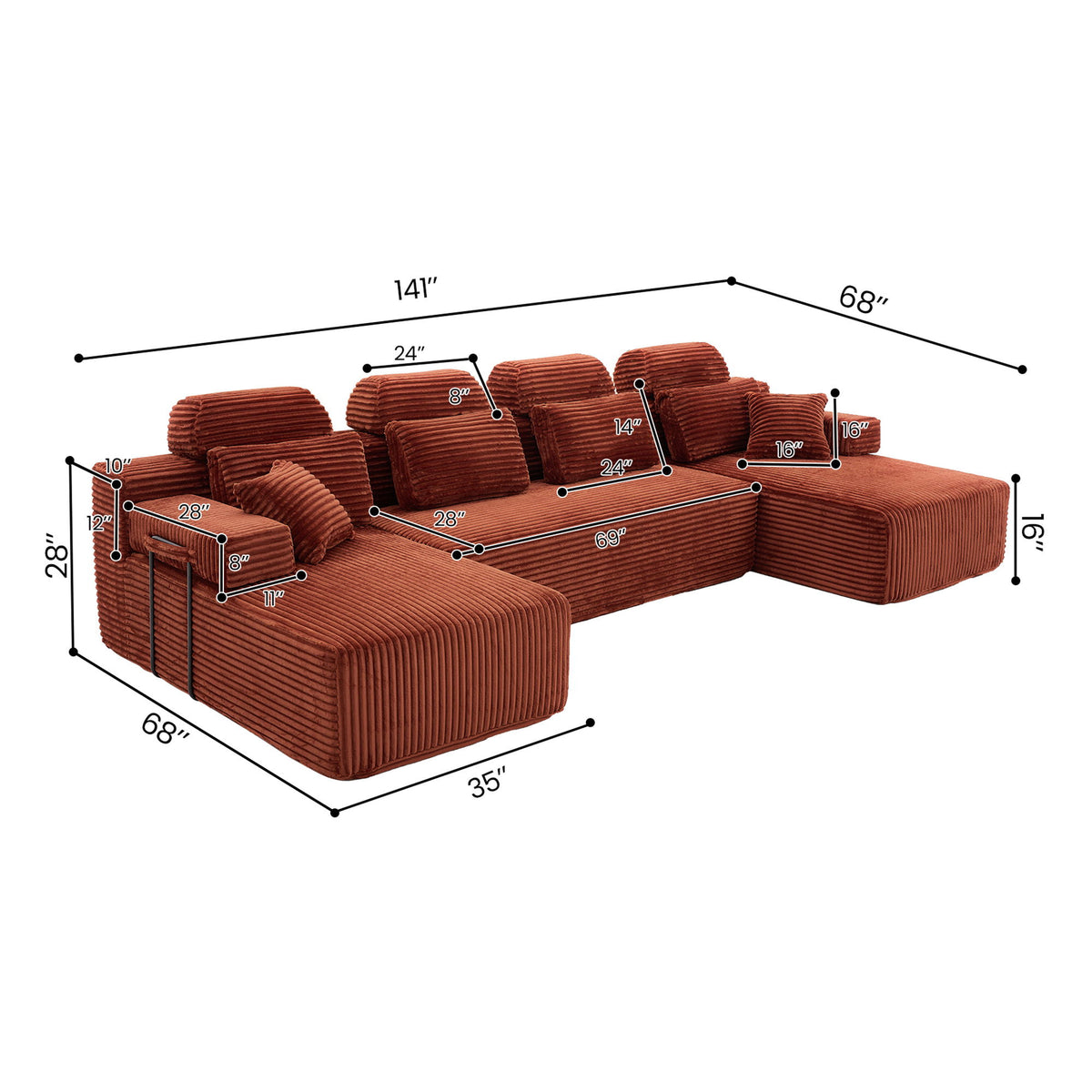 Sectional Sleeper Sofa & Storage Pockets, Modular Couch With Throw Pillows For Living Room