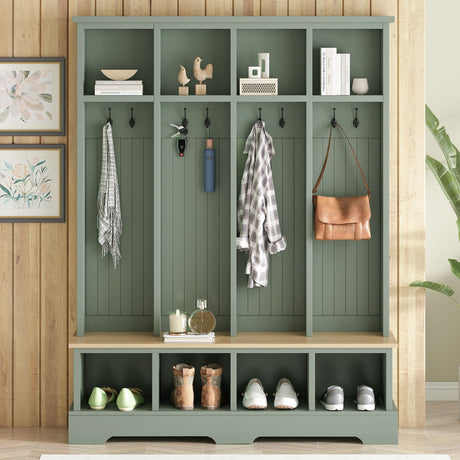 Hall Tree With 8 Hooks, Practical Entryway Bench With Open Compartments