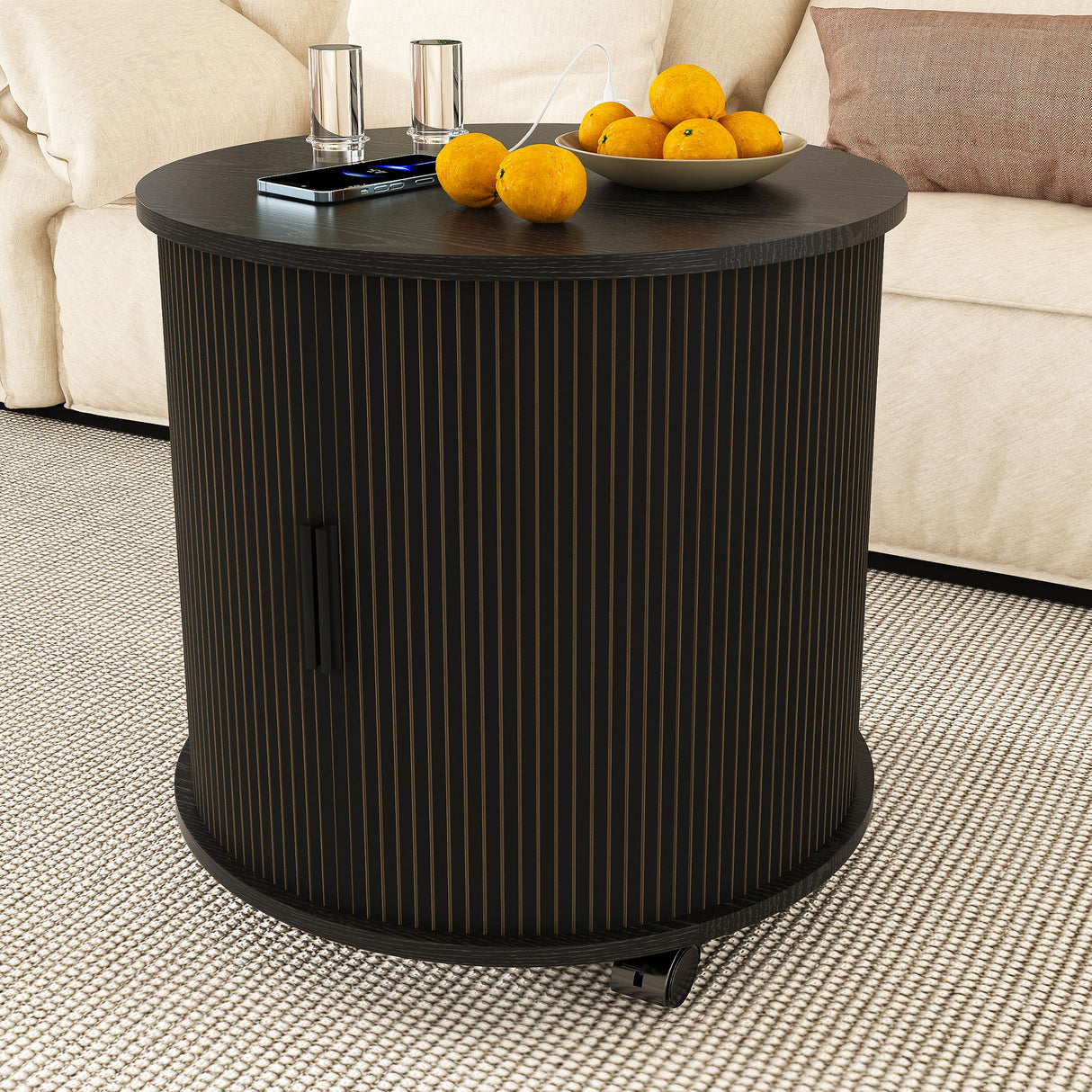 Cylinder Nightstand With Charging Station & Sliding Door