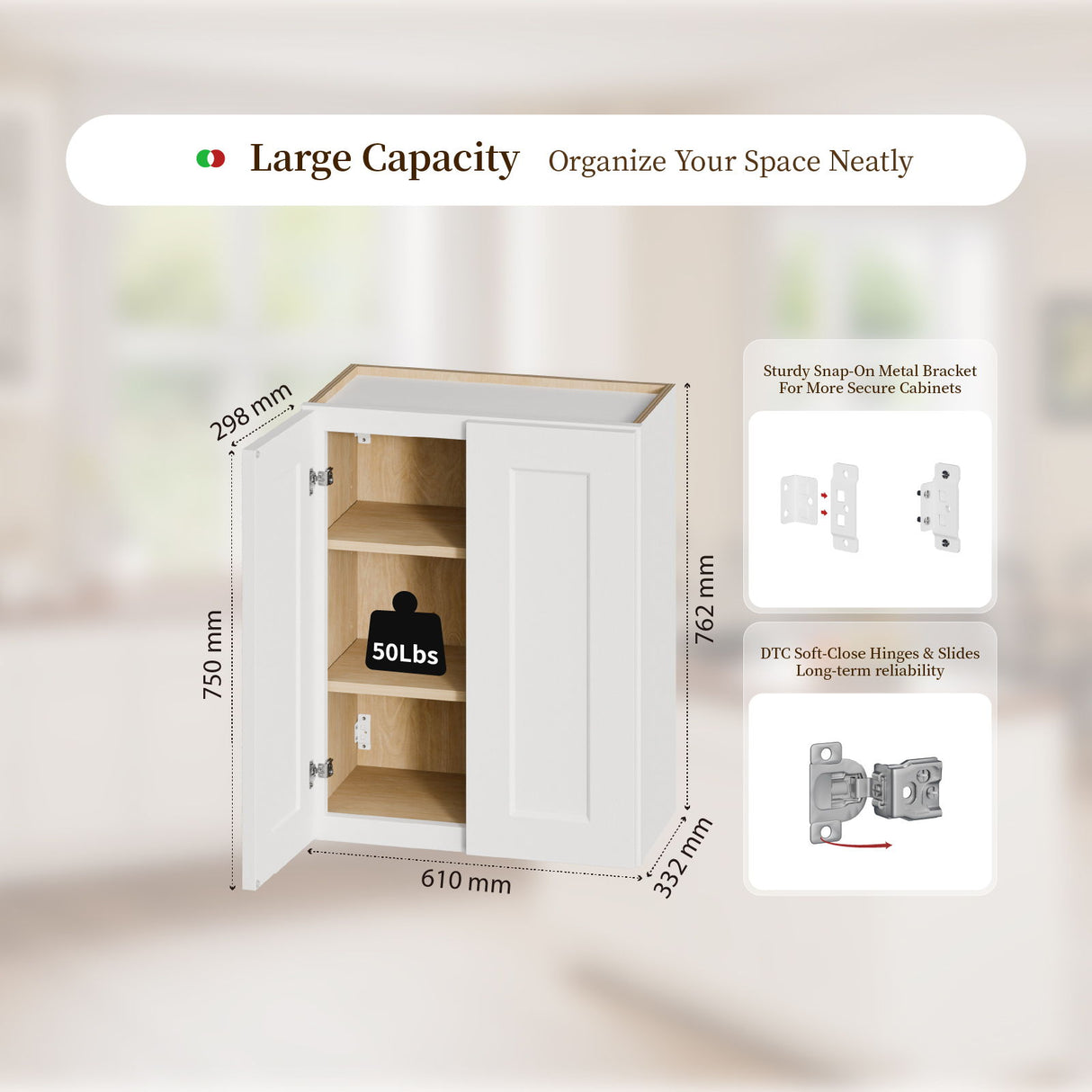 Shaker Wall Cabinet With Soft Close Hinges, Adjustable Shelves, Double Door