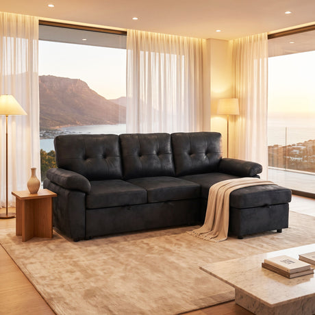 Convertible L - Sectional Sofa Bed With Storage Chaise And Padded Armrests